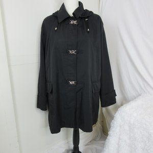 Gallery Black Raincoat Trench Hooded Lined Silver Hardware Jacket Size Large